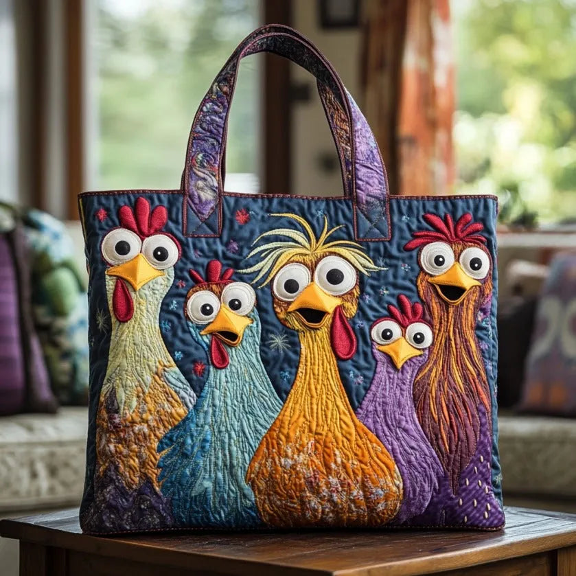 Handgemachte Tasche mit Fünf Bunten Hühnern