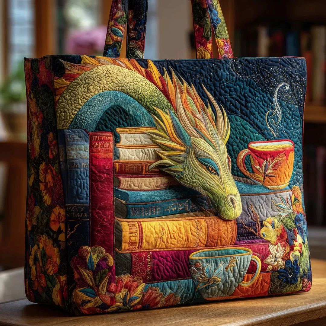 Handgefertigte Tasche – Dragon Reader mit Büchern und Tassen