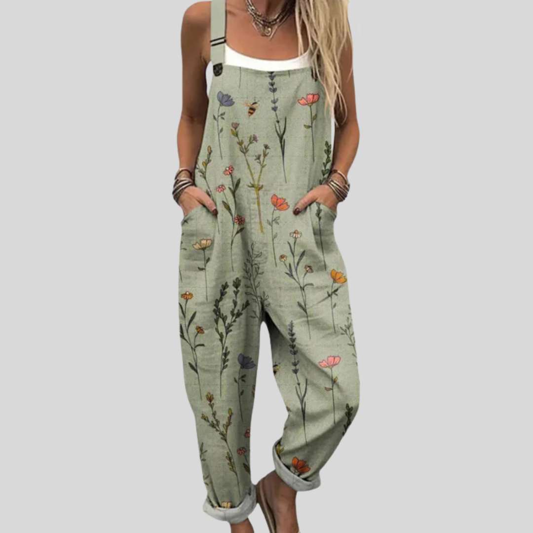 Salbeigrüne Latzhose mit floralem Muster