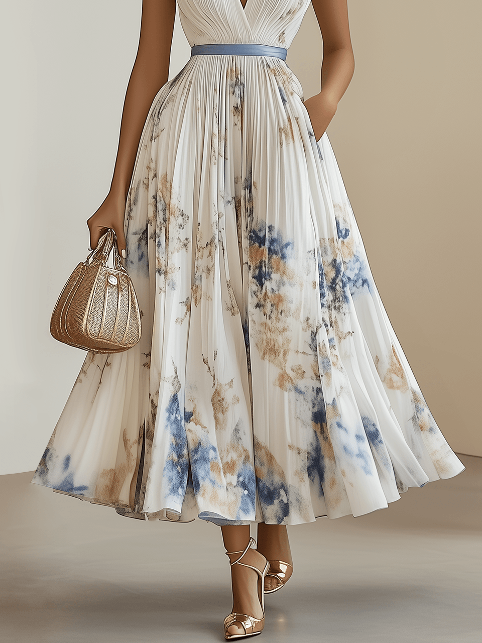 Birgit | Plissiertes Chiffon-Midikleid mit floralem Muster in Weiß und V-Ausschnitt