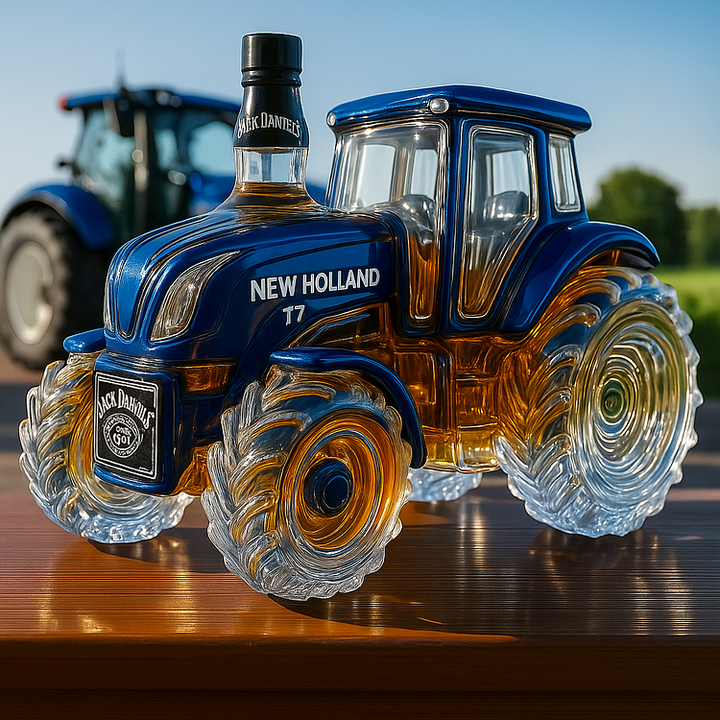 Klassische Whiskyflasche im Design eines New Holland T7 Traktors