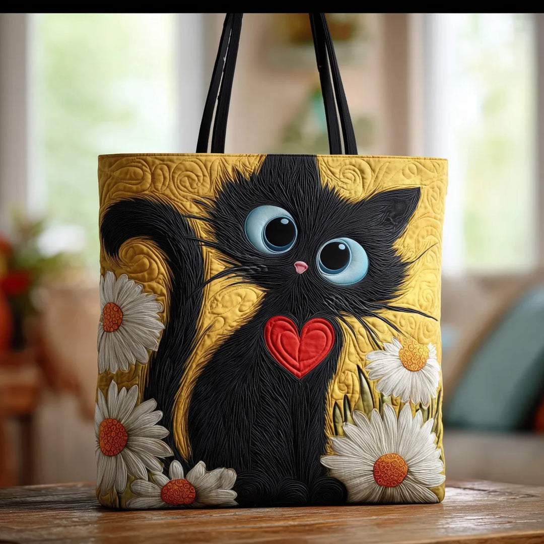 Handgemachte Tasche - Schwarze Katze mit Margeriten