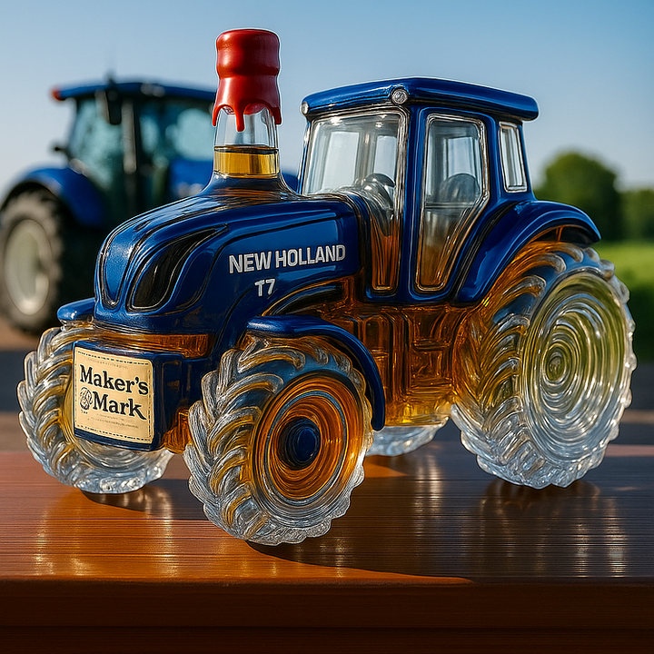 Klassische Whiskyflasche im Design eines New Holland T7 Traktors