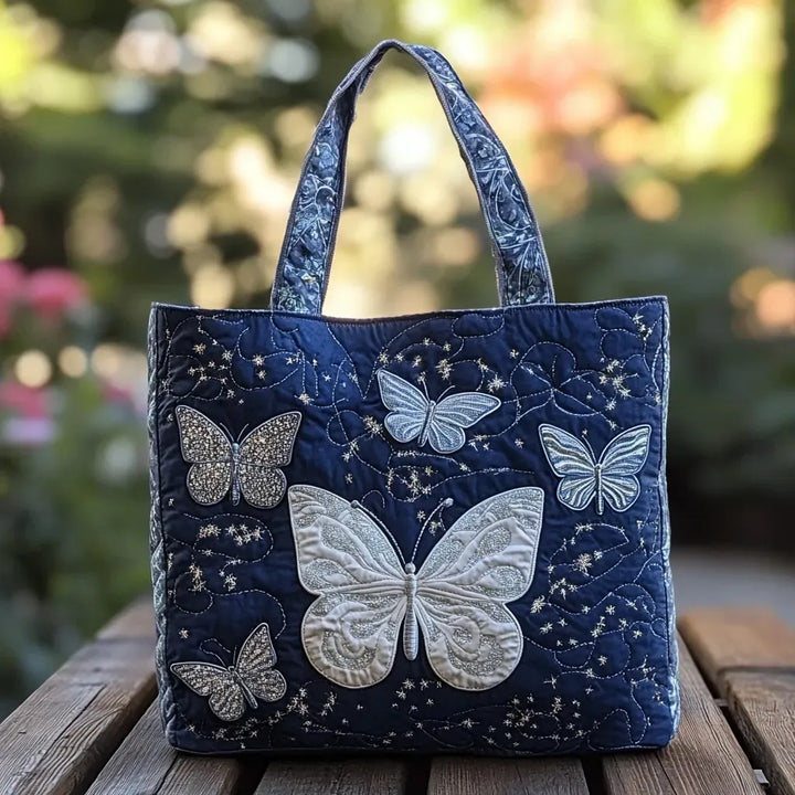 Handgefertigte Tasche – Silbernes Schmetterlingsmotiv