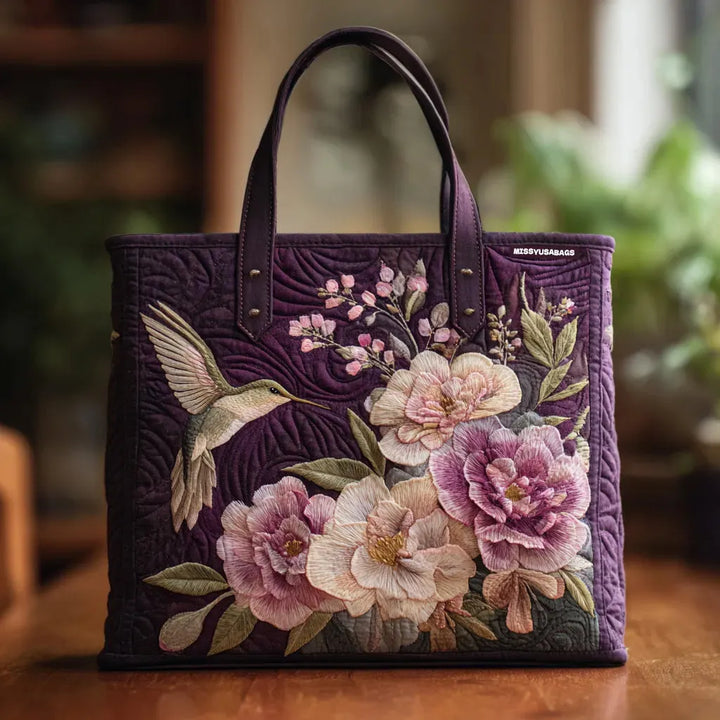 Handgefertigte Stepp-Tasche mit Kolibris und Orchideen-Motiv