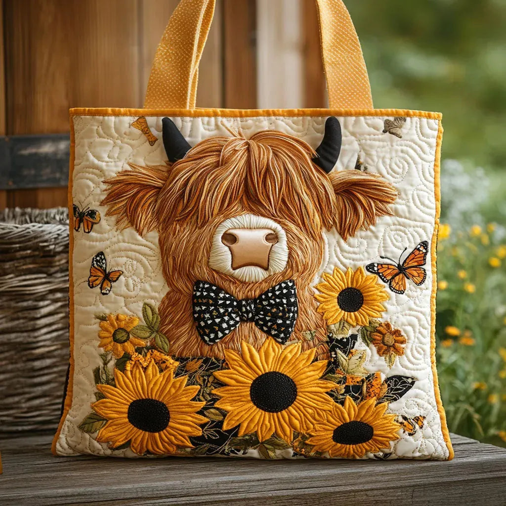 Polsterte Tasche - Hochlandrind mit Sonnenblumenmotiv
