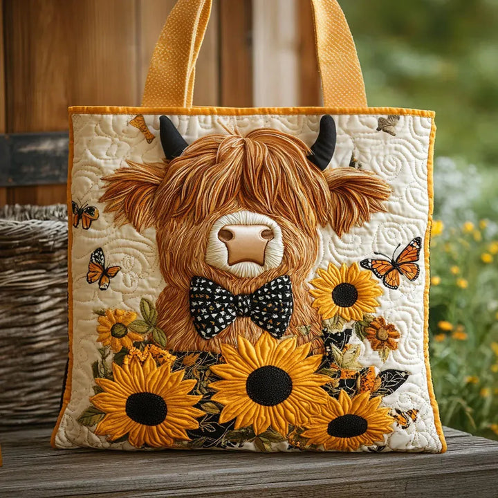 Polsterte Tasche - Hochlandrind mit Sonnenblumenmotiv