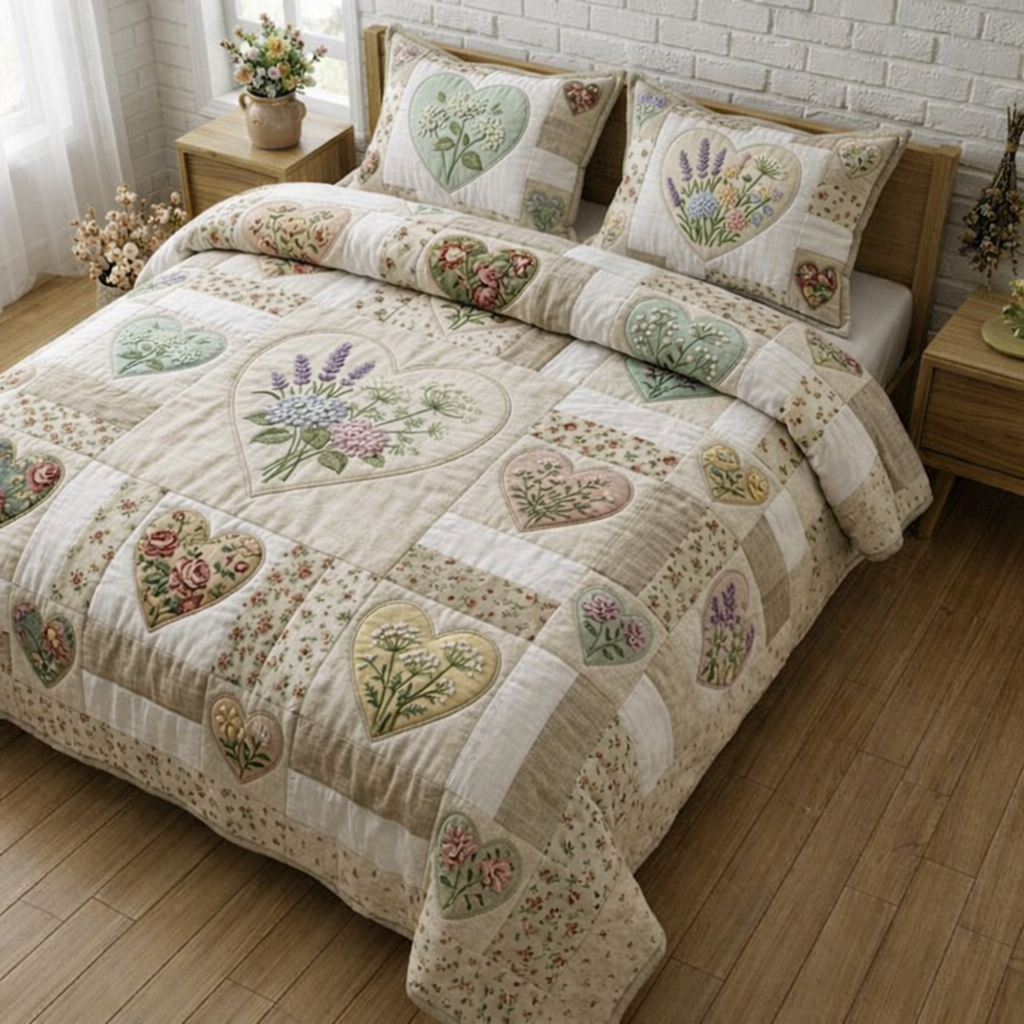 3-teiliges gesteppte Bettwäsche-Set mit Blumen-Patchwork