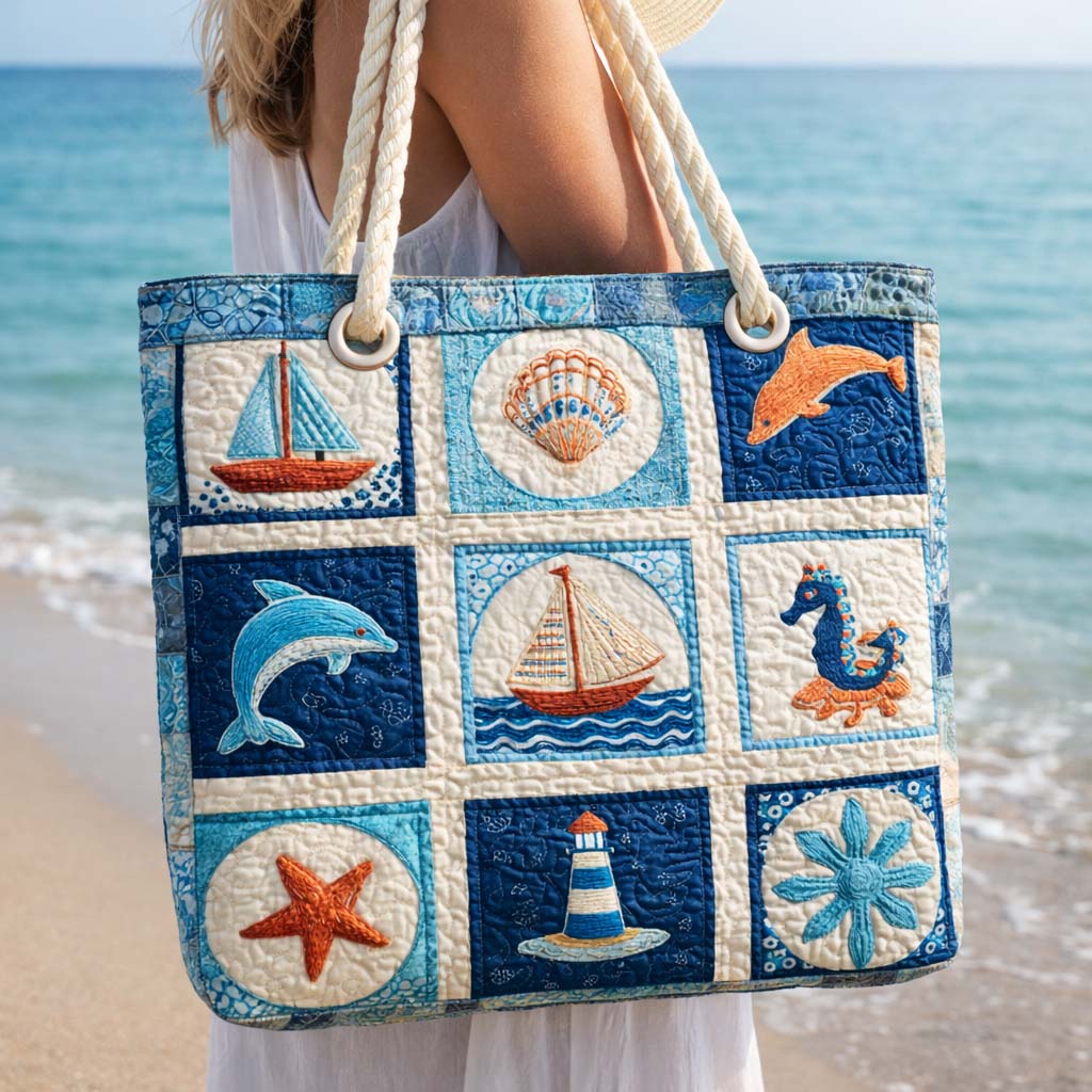 Handgefertigte Strandtasche mit Meeresmotiven