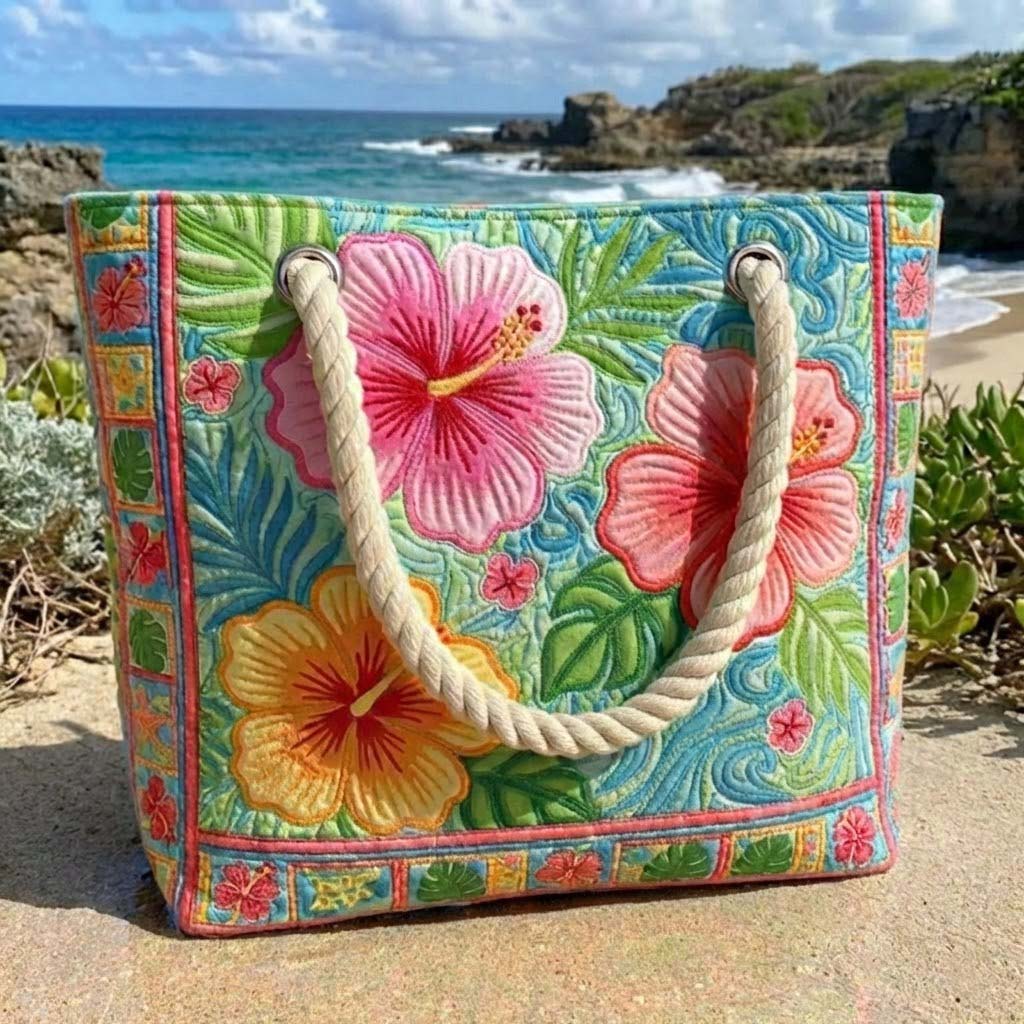 Handgemachte Strandtasche mit tropischem Blumenmuster
