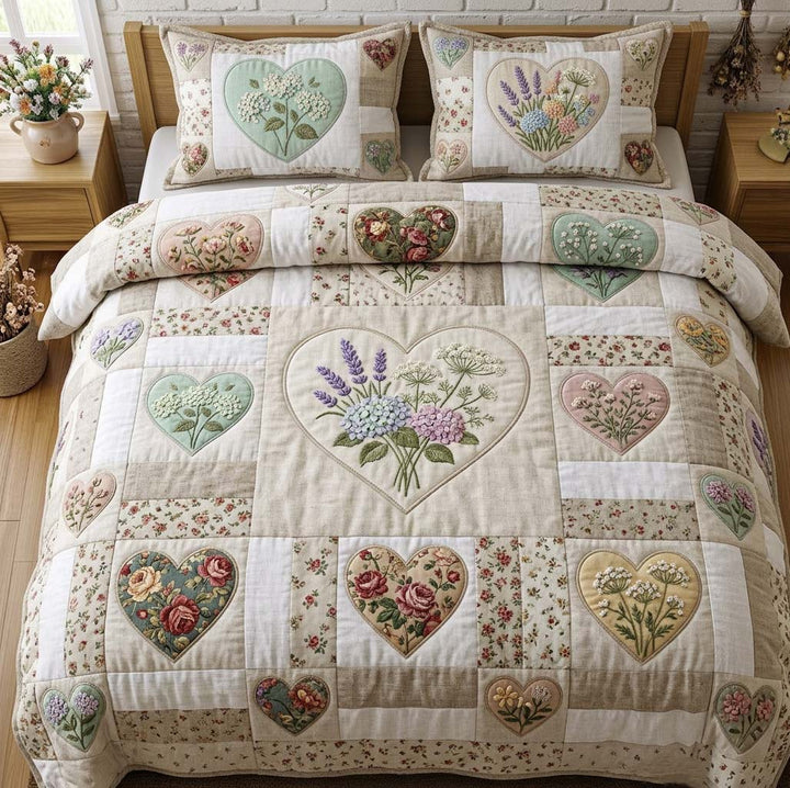 3-teiliges gesteppte Bettwäsche-Set mit Blumen-Patchwork