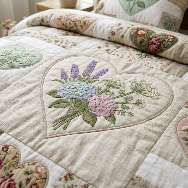 3-teiliges gesteppte Bettwäsche-Set mit Blumen-Patchwork
