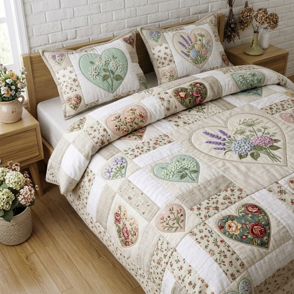3-teiliges gesteppte Bettwäsche-Set mit Blumen-Patchwork