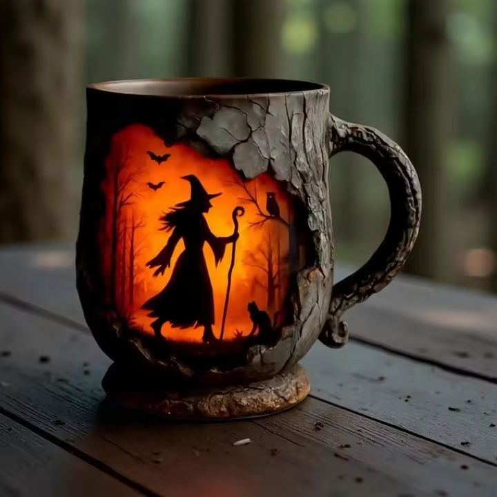 3D Halloween-Tasse – Hexen- und Katzen-Motiv