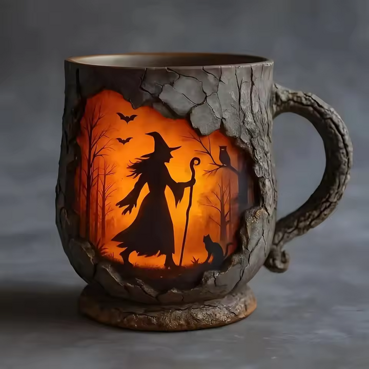 3D Halloween-Tasse – Hexen- und Katzen-Motiv