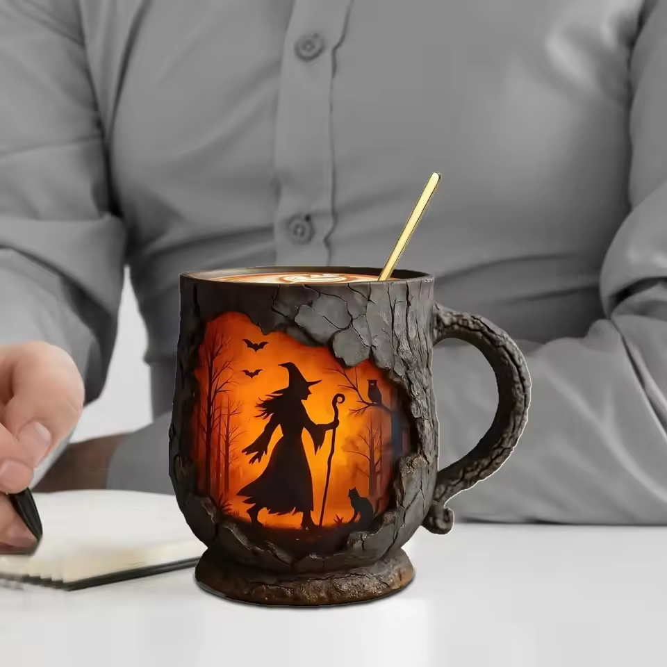 3D Halloween-Tasse – Hexen- und Katzen-Motiv