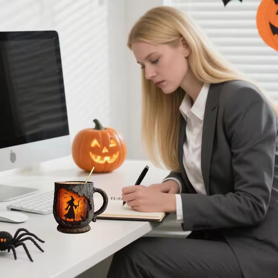 3D Halloween-Tasse – Hexen- und Katzen-Motiv