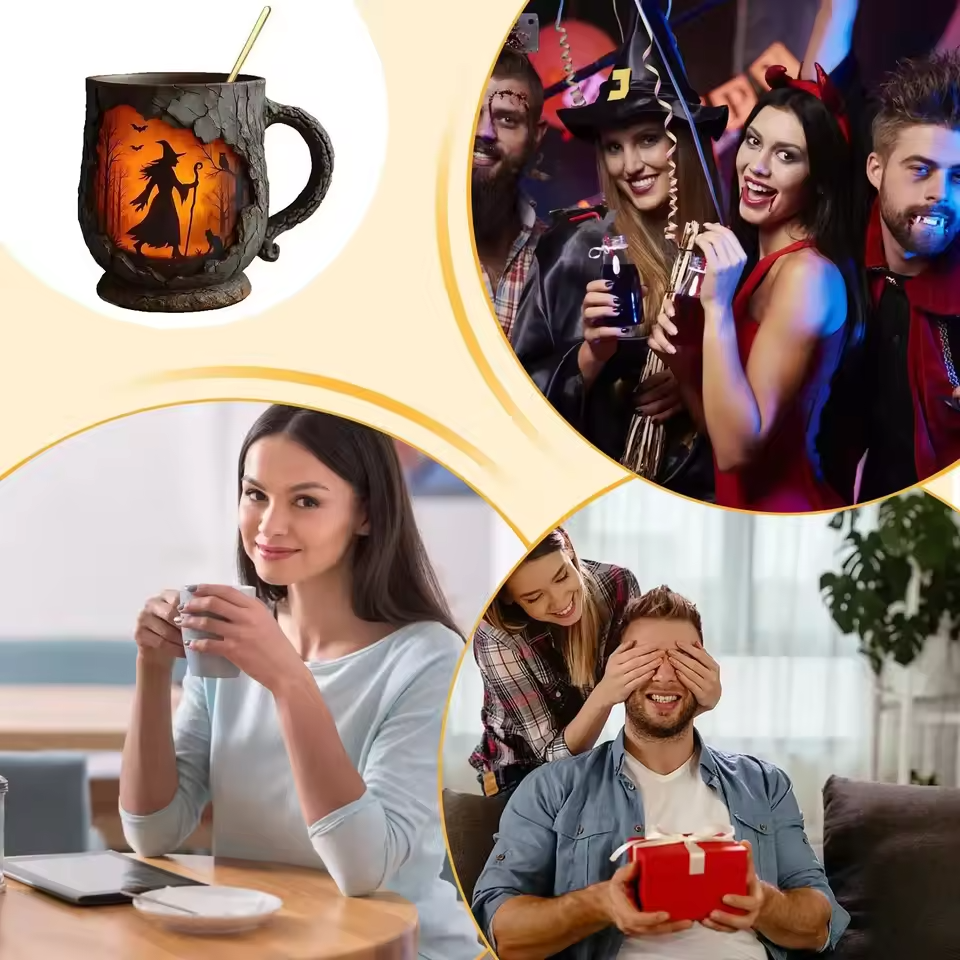 3D Halloween-Tasse – Hexen- und Katzen-Motiv