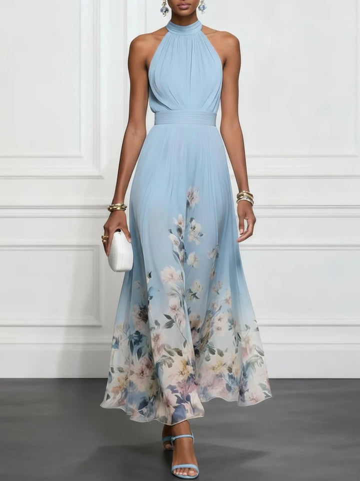 Anni | Blaues Chiffon-Maxikleid mit Blumenmuster