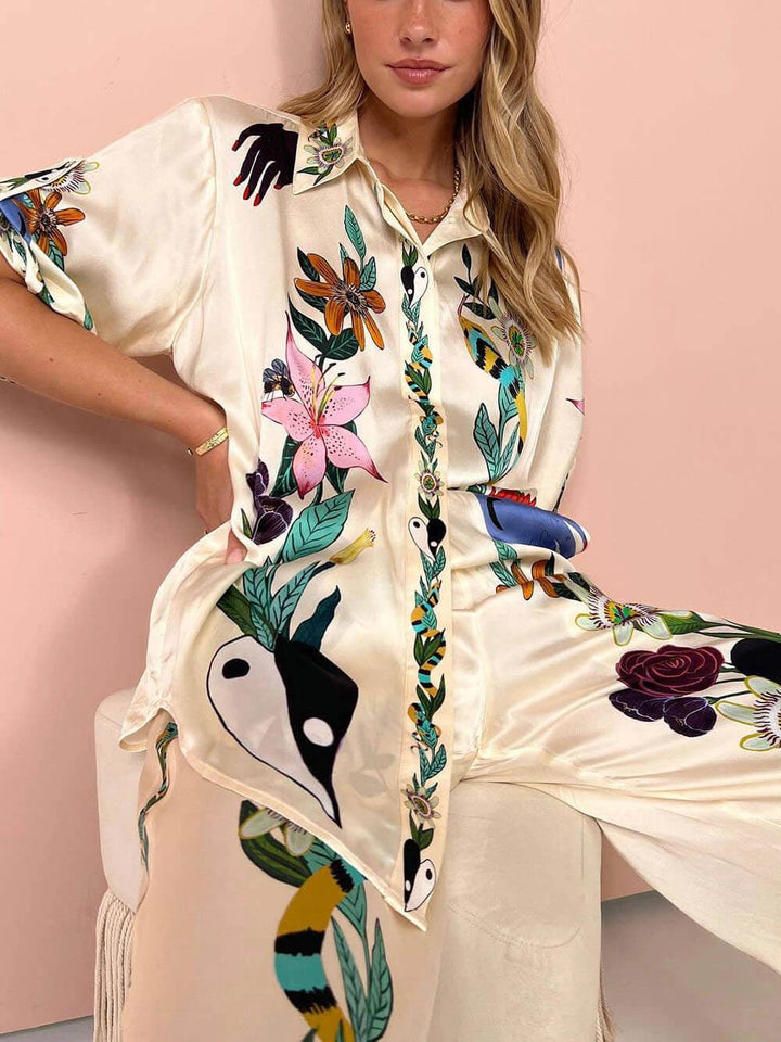 Selma | Satin Blusen- und Hosenset mit exklusivem Print, Resort-Stil
