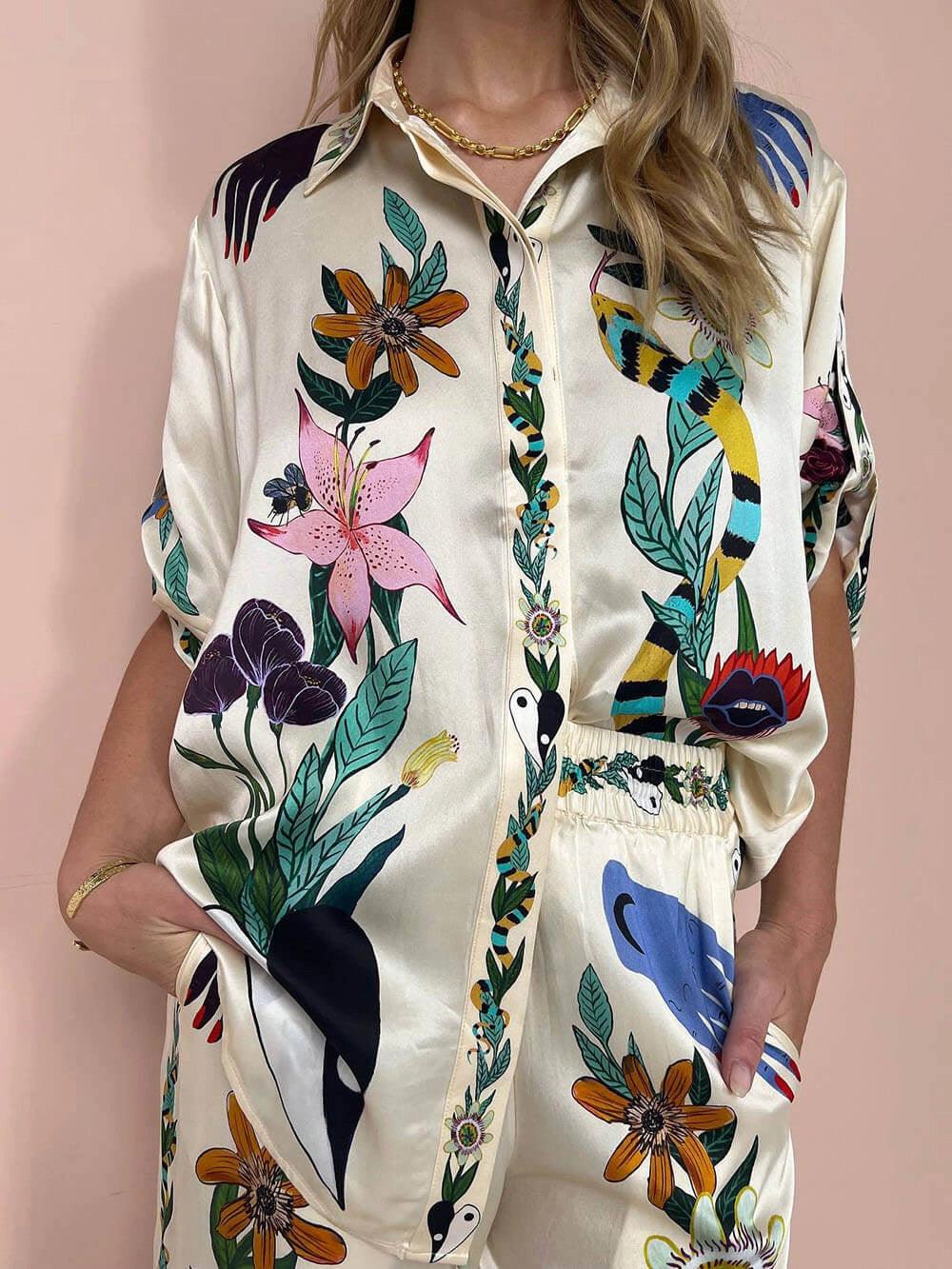 Selma | Satin Blusen- und Hosenset mit exklusivem Print, Resort-Stil