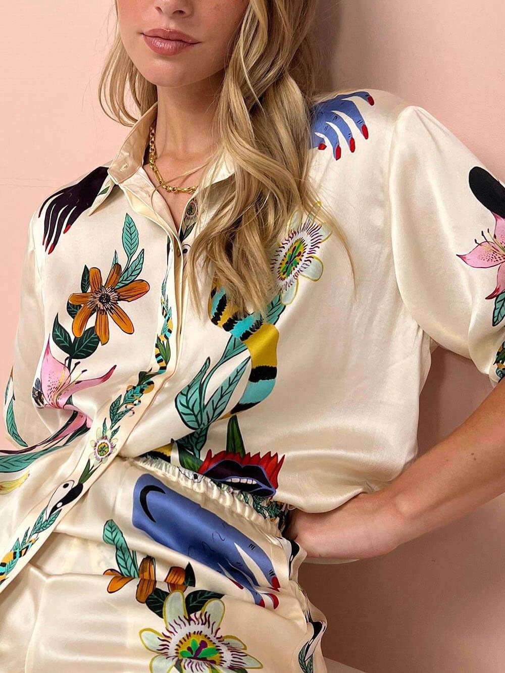 Selma | Satin Blusen- und Hosenset mit exklusivem Print, Resort-Stil