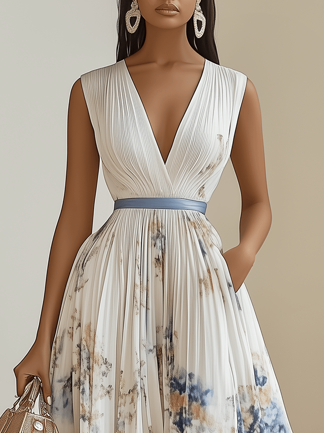 Birgit | Plissiertes Chiffon-Midikleid mit floralem Muster in Weiß und V-Ausschnitt