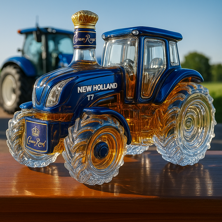 Klassische Whiskyflasche im Design eines New Holland T7 Traktors