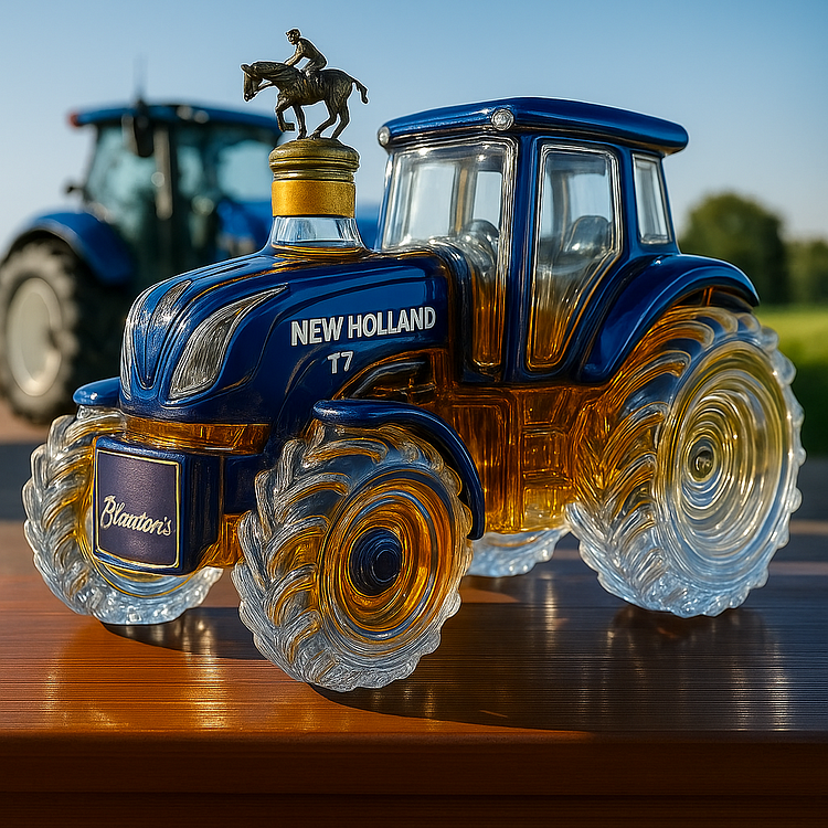 Klassische Whiskyflasche im Design eines New Holland T7 Traktors