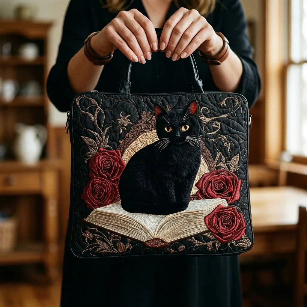 Handgefertigte Stepp-Tasche mit schwarzer Katze auf Bücherdesign