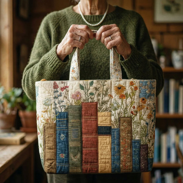 Handgefertigte Stepptasche – Bücher und Blumen