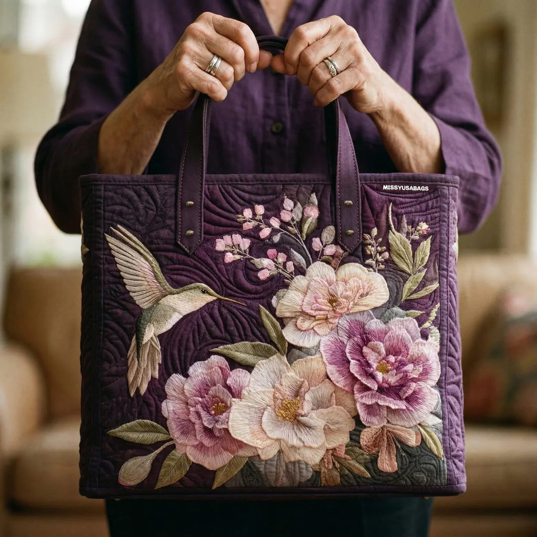Handgefertigte Stepp-Tasche mit Kolibris und Orchideen-Motiv