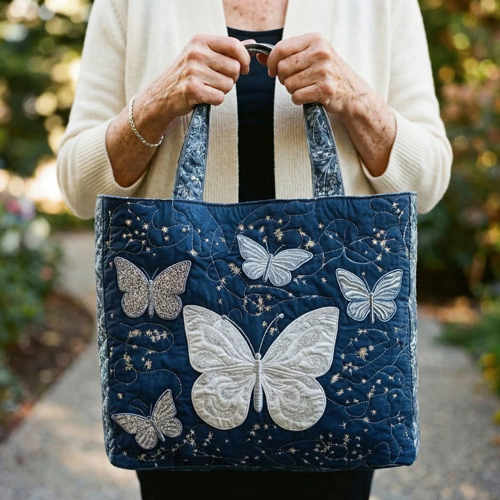 Handgefertigte Tasche – Silbernes Schmetterlingsmotiv