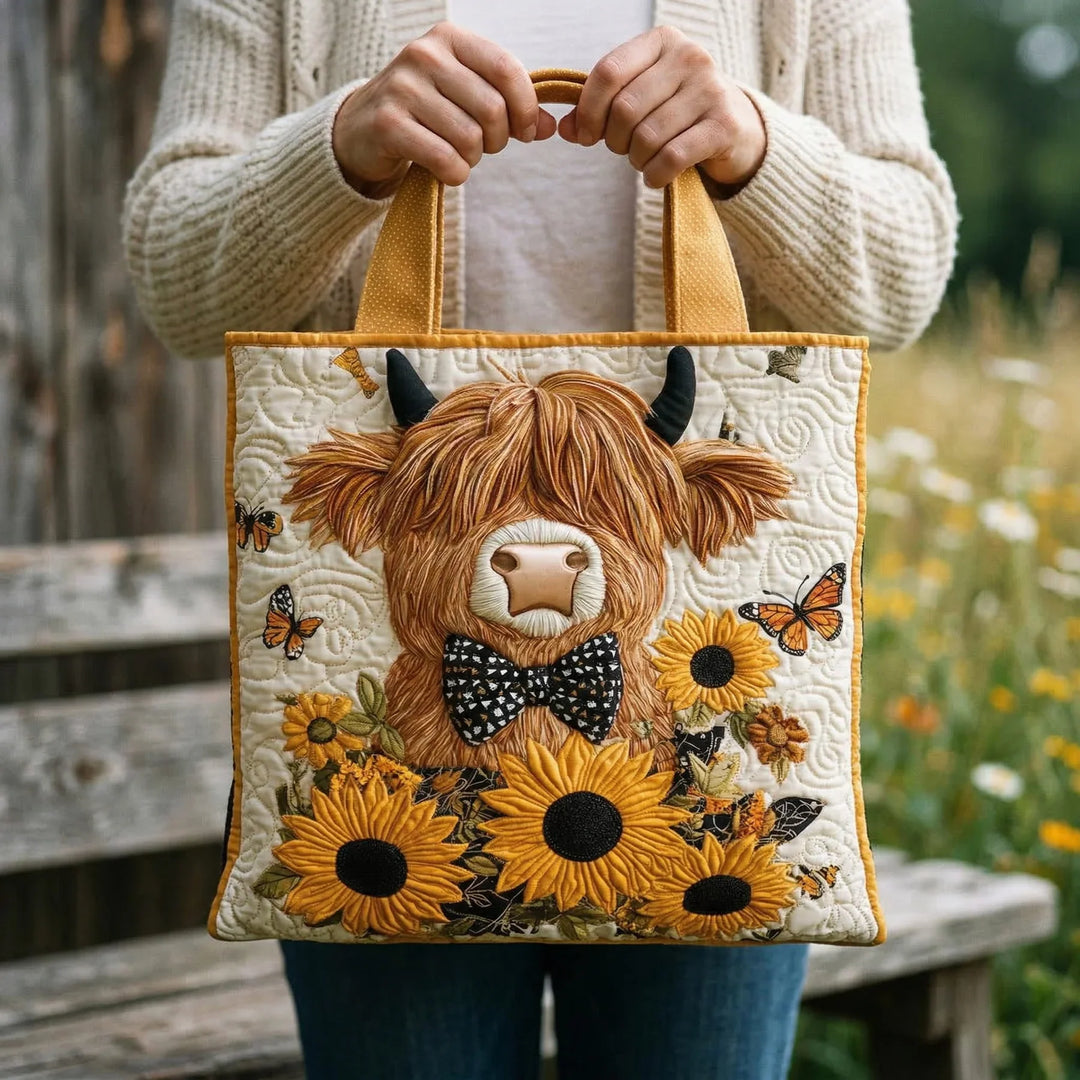 Polsterte Tasche - Hochlandrind mit Sonnenblumenmotiv