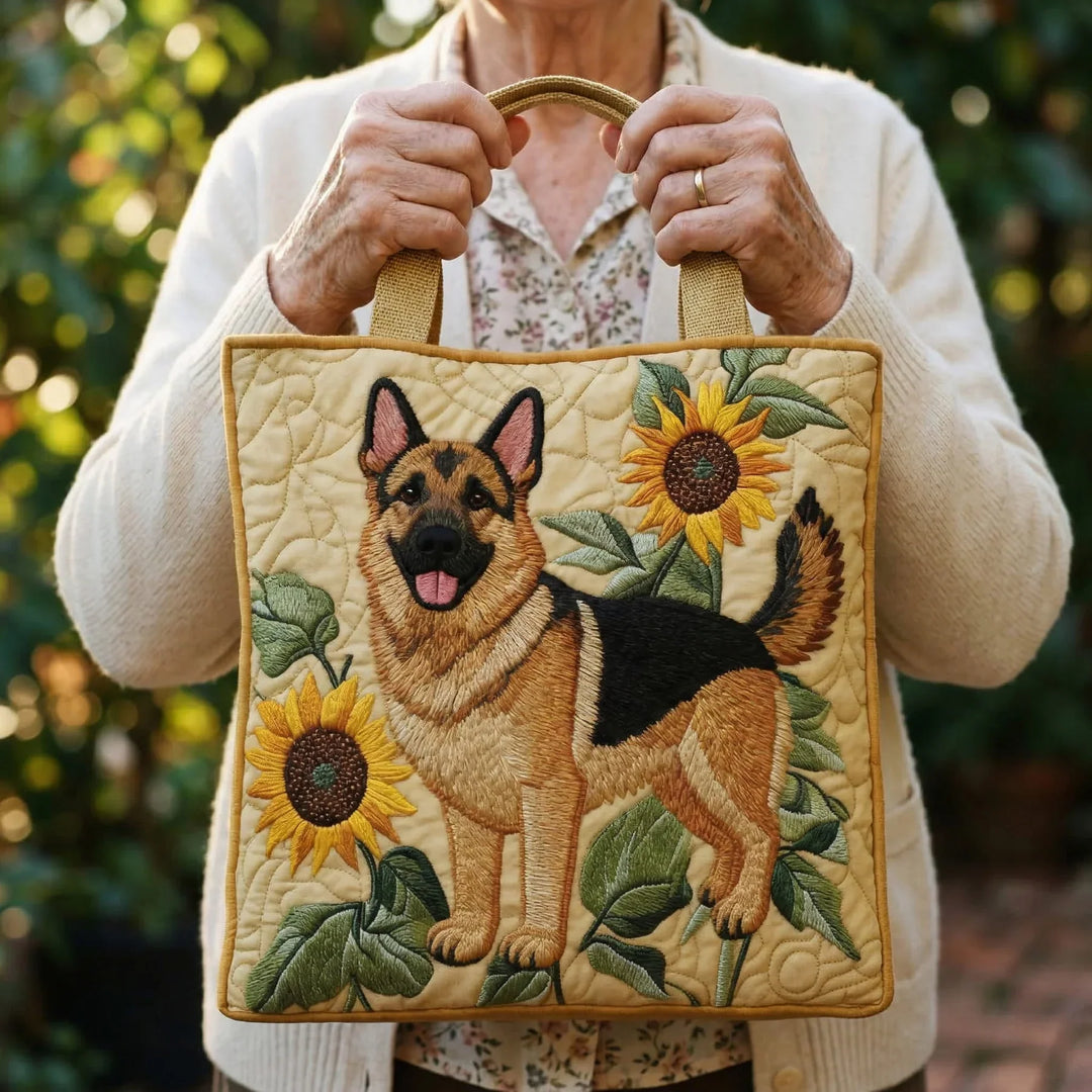 Handgefertigte Tasche mit Blumenmuster und Deutschem Schäferhund-Motiv
